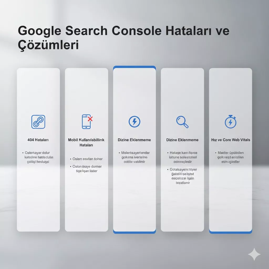 Google Search Console'da sık karşılaşılan hatalar (404, mobil kullanılabilirlik, noindex) ve çözüm adımlarını gösteren teknik infografik.