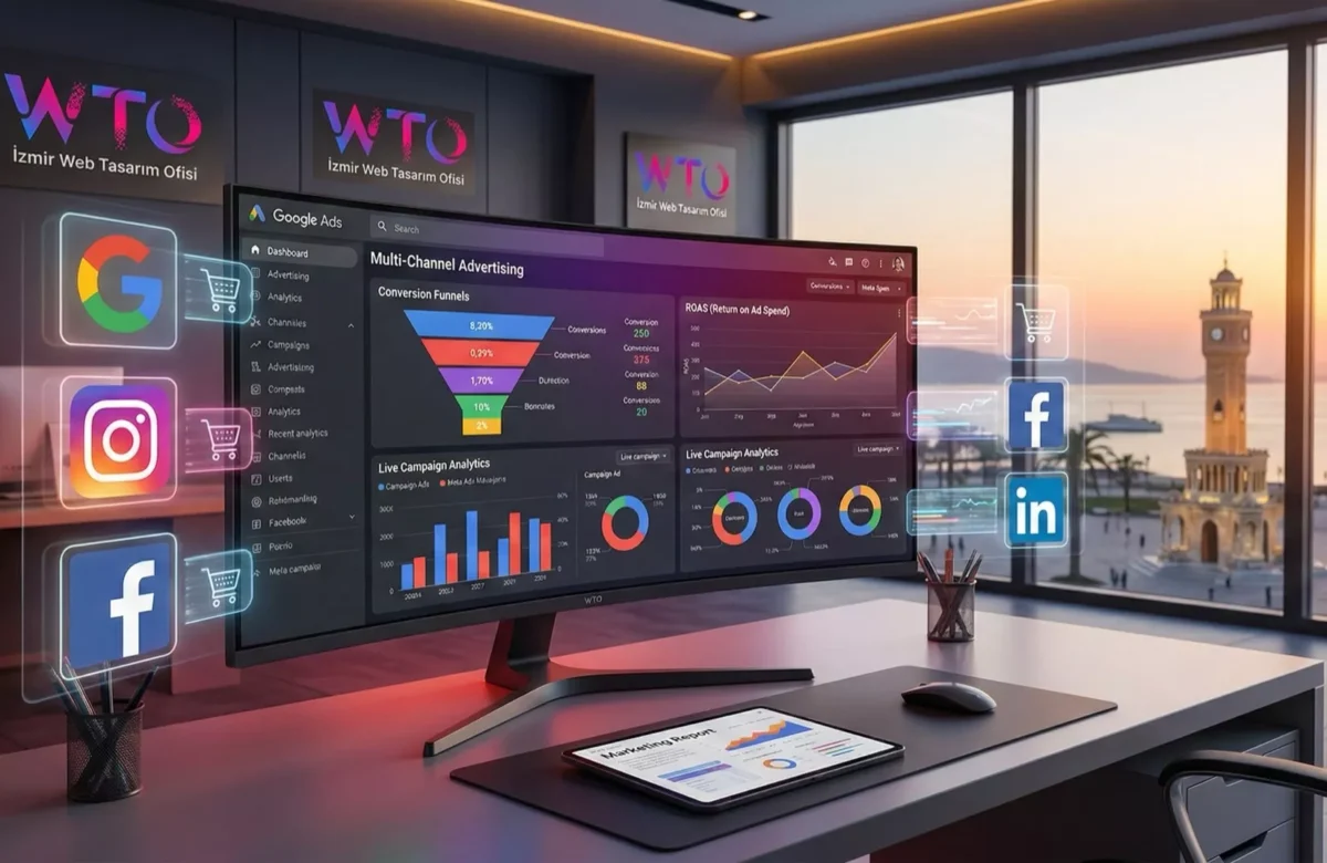 İzmir Web Tasarım Ofisi dijital pazarlama ajansı ortamında, Google Ads ve Meta Ads (Instagram/Facebook) reklam kampanyalarının gerçek zamanlı performans ve ROAS (Reklam Getirisi) analiz ekranı ve İzmir Konak manzarası.