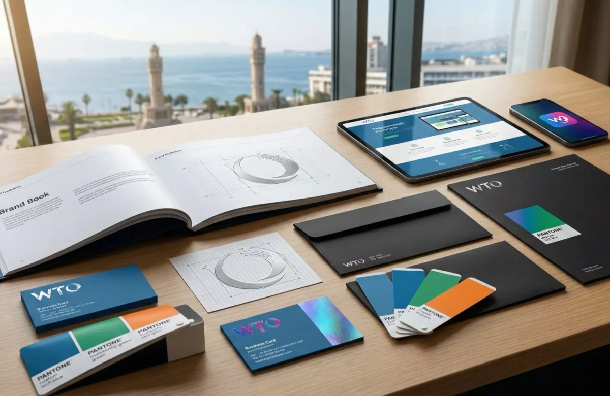 İzmir Web Tasarım Ofisi yaratıcı stüdyosunda, modern logo tasarımı, kurumsal kimlik kitapçığı (Brand Book), premium kartvizit ve İzmir Körfezi manzarası.