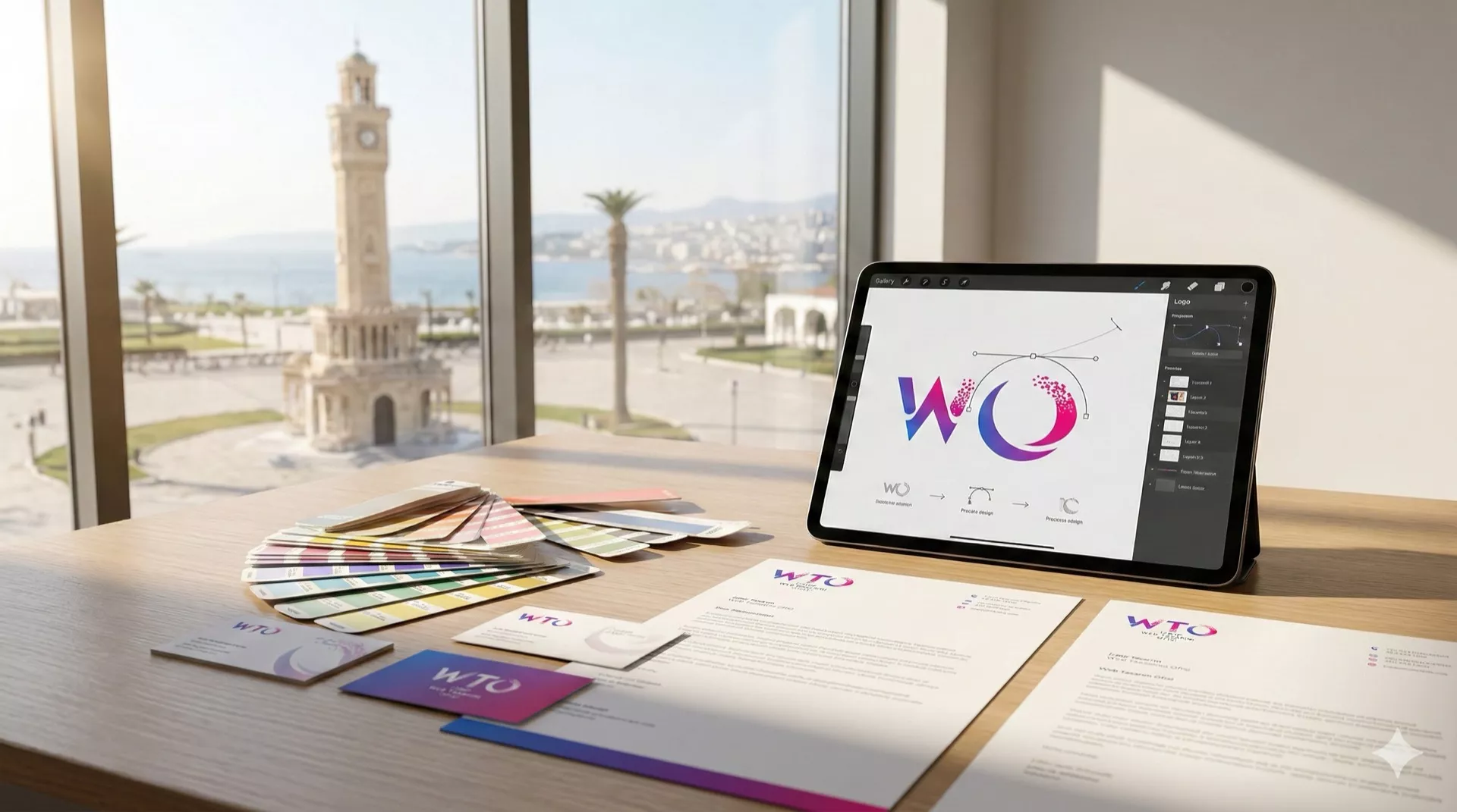 İzmir Web Tasarım Ofisi yaratıcı tasarım stüdyosunda, modern logo tasarımı, kurumsal kimlik materyalleri ve Pantone renk paletleri.