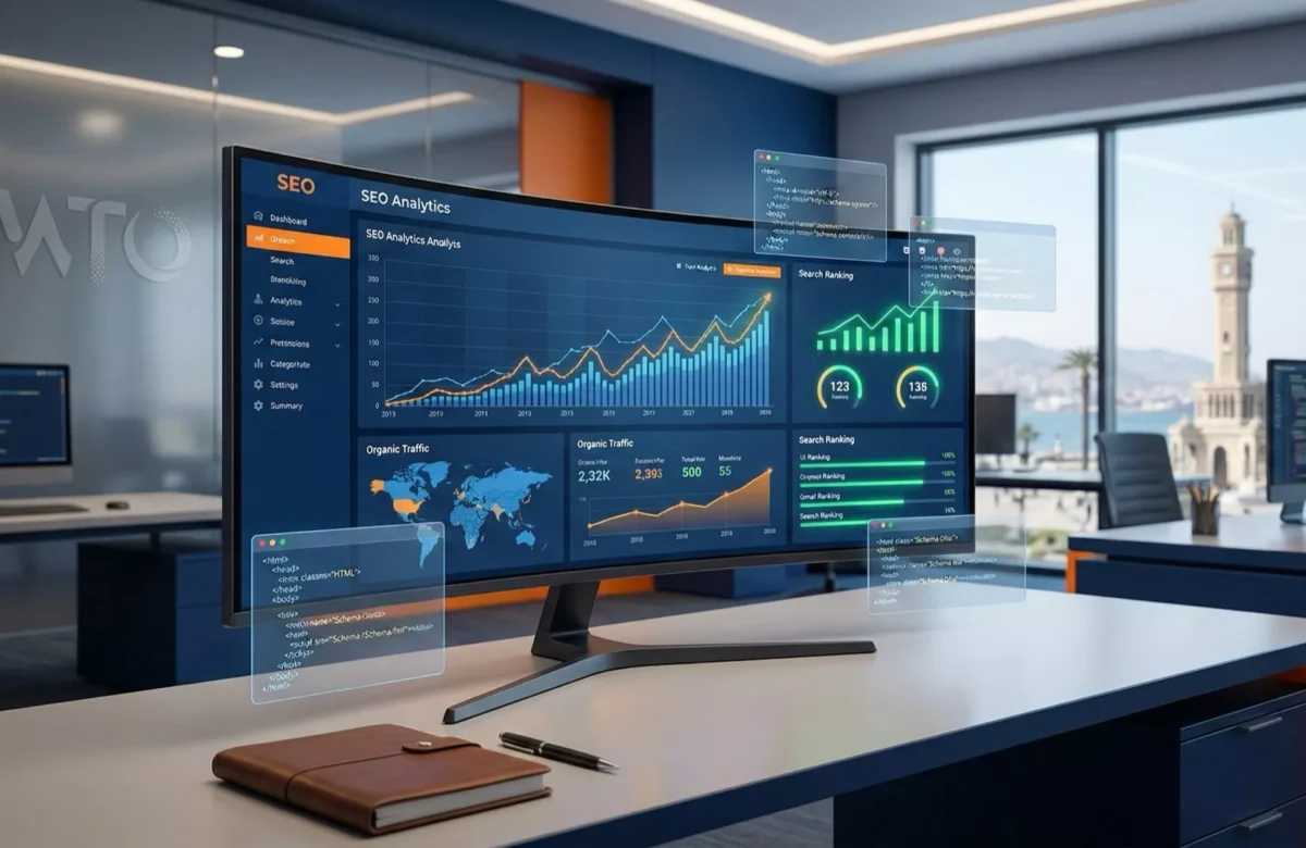 İzmir Web Tasarım Ofisi kurumsal SEO ajansı ortamında, organik büyüme grafiklerini ve teknik optimizasyon verilerini gösteren analiz ekranı.