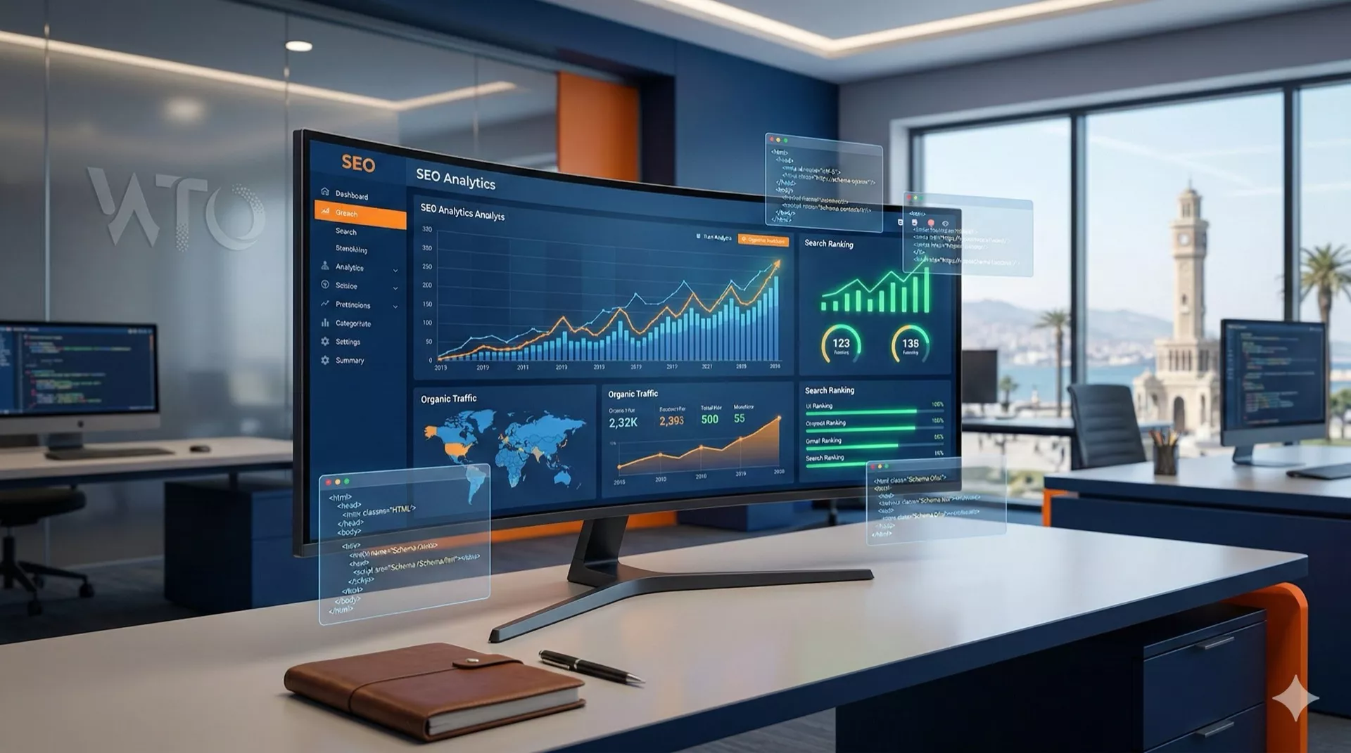 İzmir Web Tasarım Ofisi kurumsal SEO ajansı ortamında, organik büyüme grafiklerini ve teknik optimizasyon verilerini gösteren analiz ekranı.