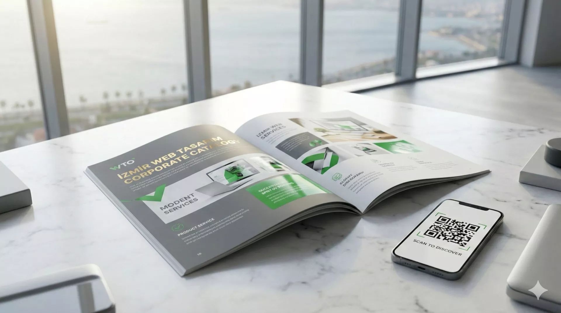 İzmir Web Tasarım Ofisi tarafından hazırlanan, altın yaldız detaylı lüks katalog tasarımı, dijital QR kod entegrasyonu ve İzmir Körfezi manzarası