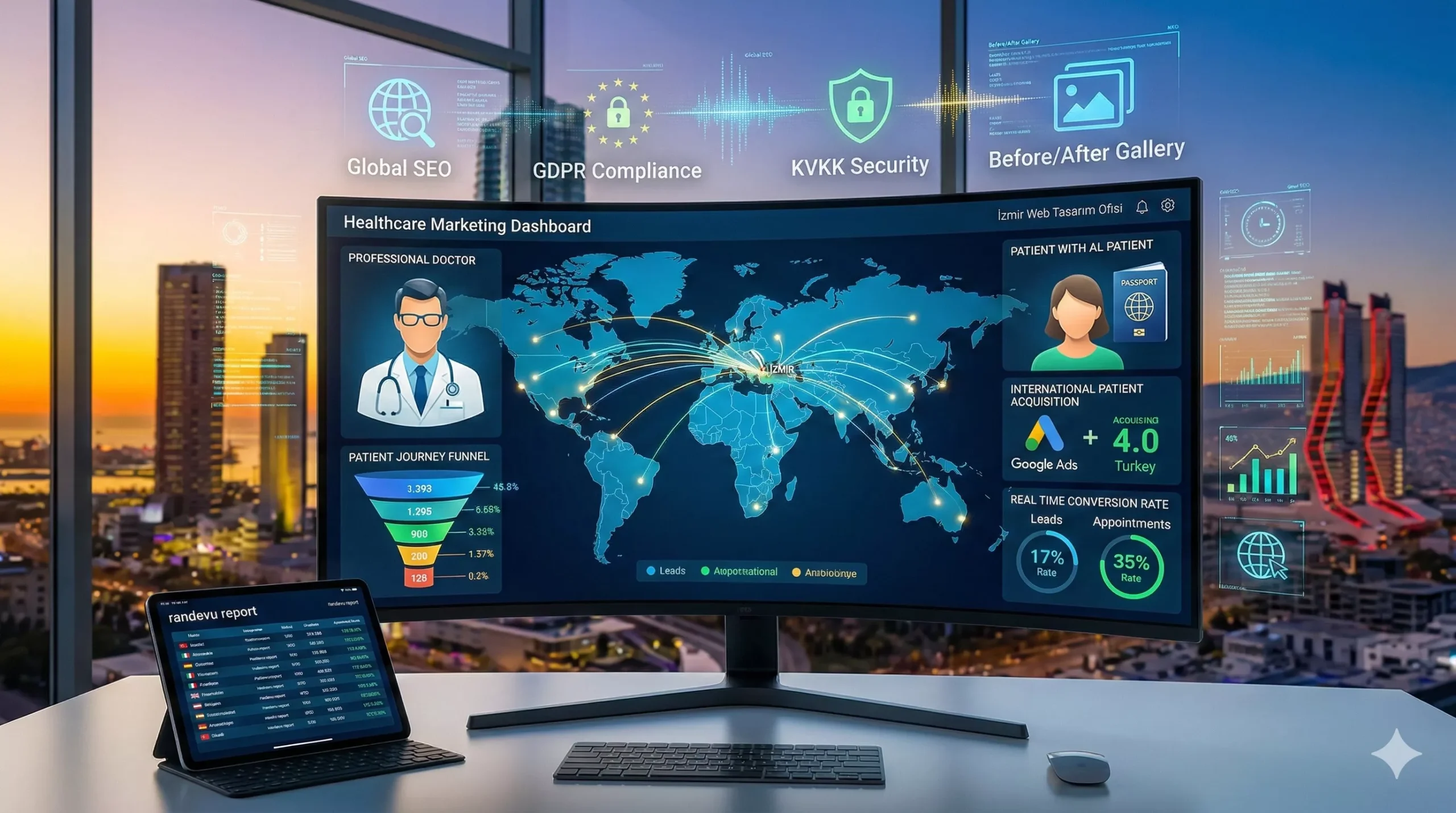 İzmir Web Tasarım Ofisi sağlık turizmi ajansı ortamında, global Google Ads ve uluslararası hasta edinim performansı, çok dilli randevu raporları ve İzmir manzarası.