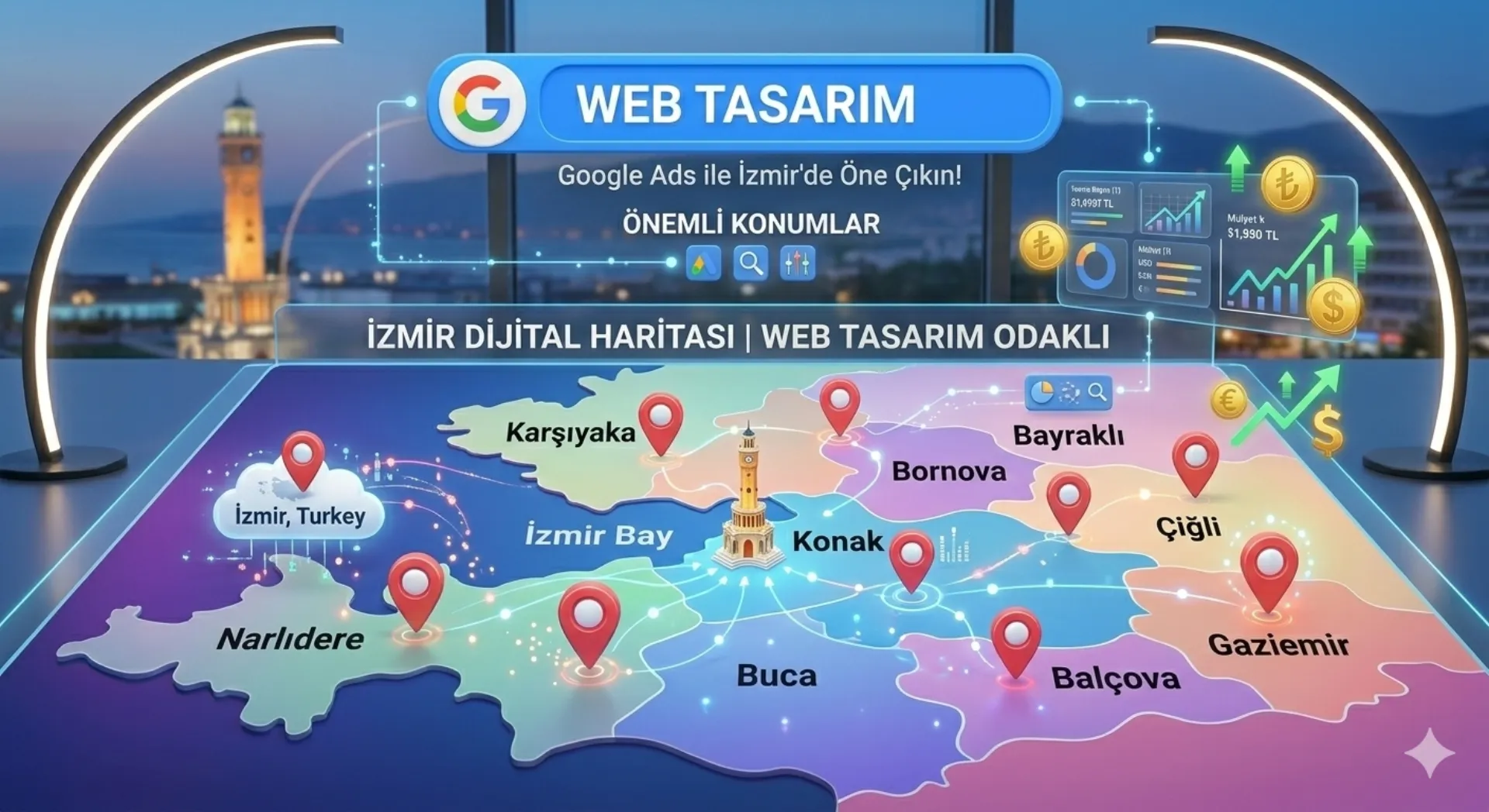 İzmir yerel işletmeler için Google reklam konum hedefleme görseli.