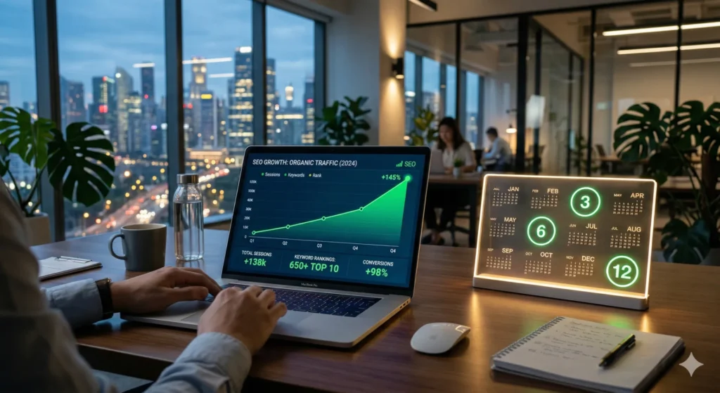 SEO çalışmaları ne zaman (kaç ayda) sonuç verir sorusunun yanıtı için aylık trafik artış grafiği.
