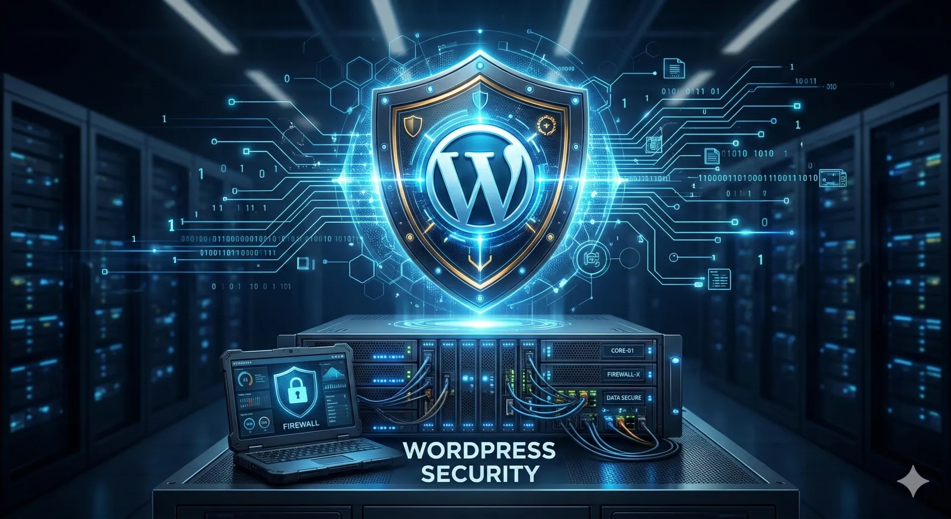 Web sitelerini siber saldırılara karşı koruyan kapsamlı WordPress güvenlik önlemleri konsepti.