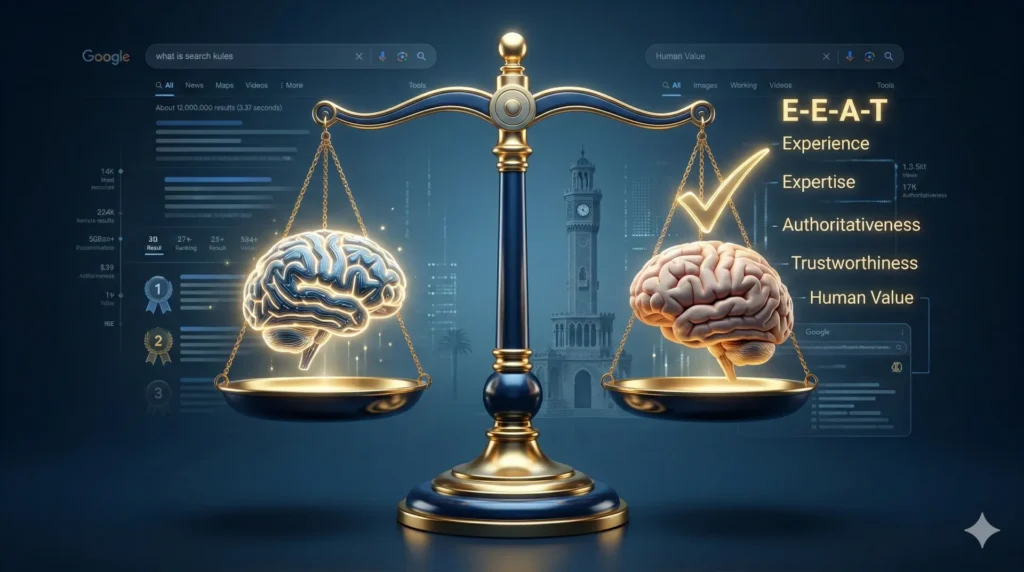 Kurumsal SEO'da yapay zeka (AI) ile yazılan içerikler Google'da ceza alır mı sorusunun analizi ve insan dokunuşunun önemi.