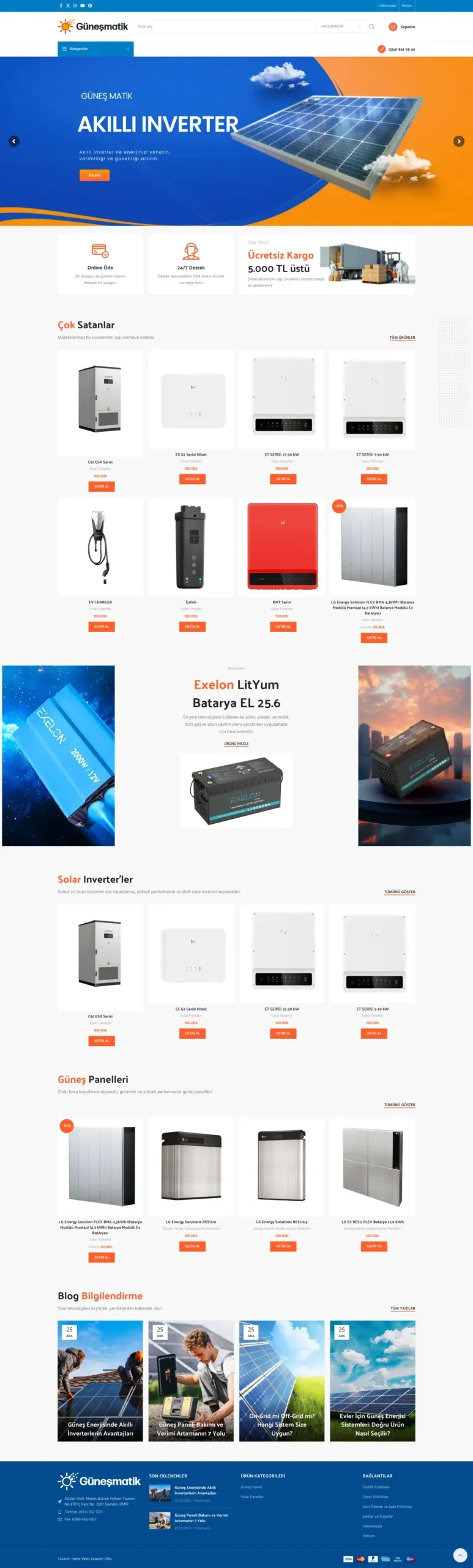 Solar inverter güneş paneli lityum batarya WooCommerce e-ticaret web tasarım ekran görüntüsü