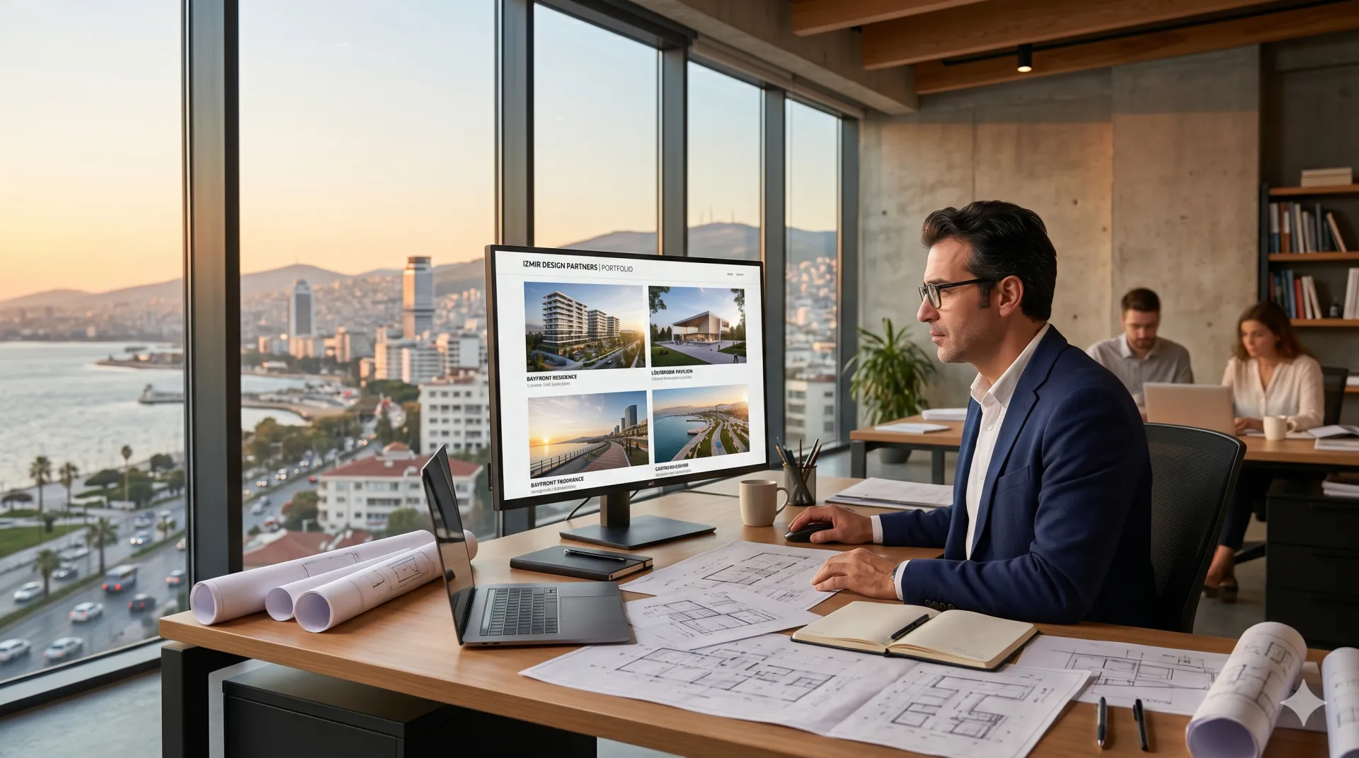 İzmir Web Tasarım Ofisi mimarlık ajansı ortamında, proje portföyü, 3D render galeri ve çok dilli web tasarım ekranları İzmir manzarası önünde.
